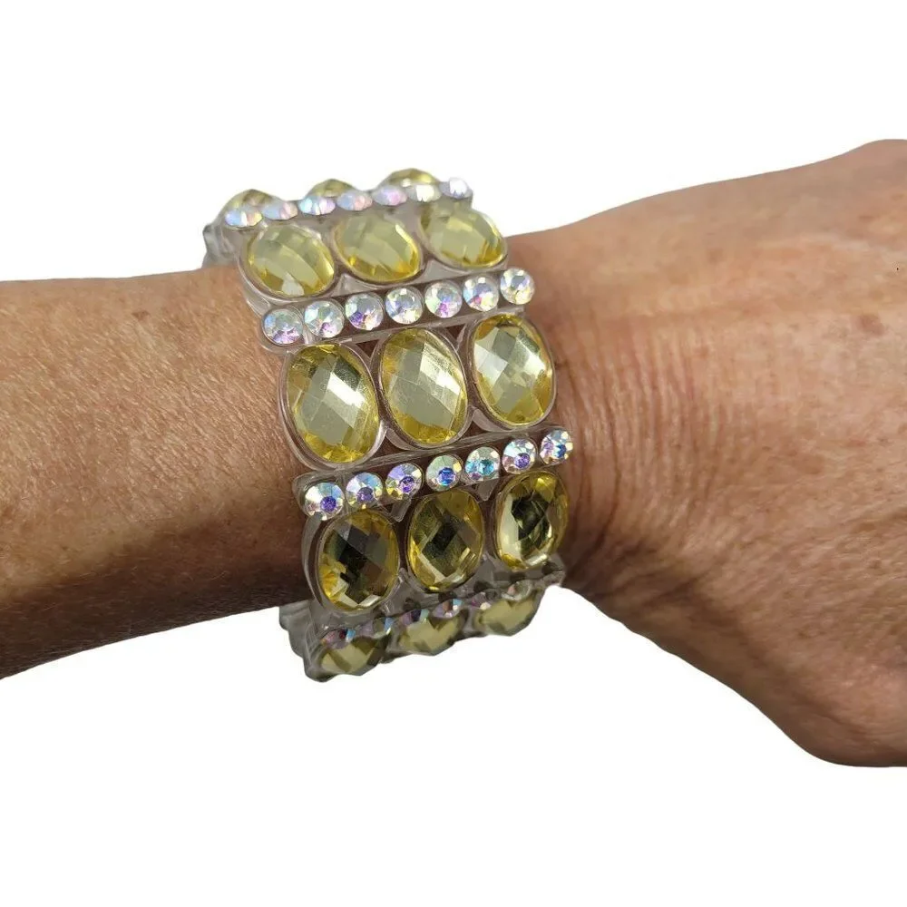 Wide Chunky Stretch‎ Bracelet Faux Yellow Citrine AB Rhinestone Plastic Glam